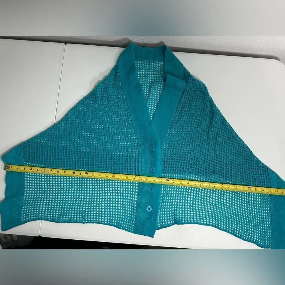 Fishnet Knit Button Up Cardishawl, Teal, Blue, OS